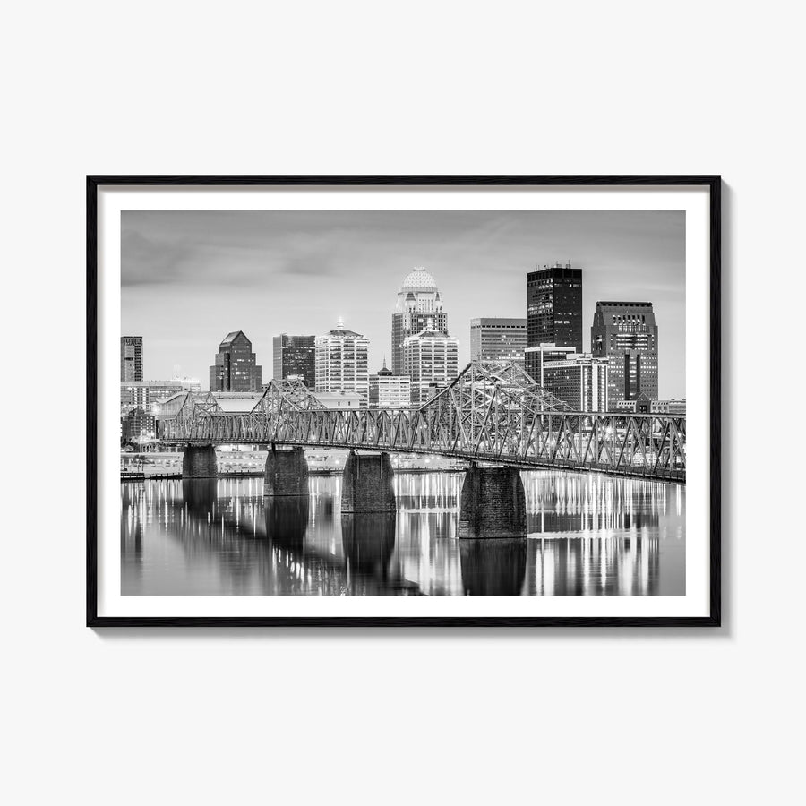 Louisville black & white photo poster of Kentucky, USA – horizontal wall art, unframed print shown in interior mockup