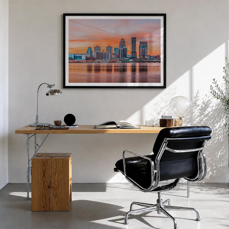 Louisville colorful photo poster of Kentucky, USA – horizontal wall art in black wood frame with white border, hanging on wal