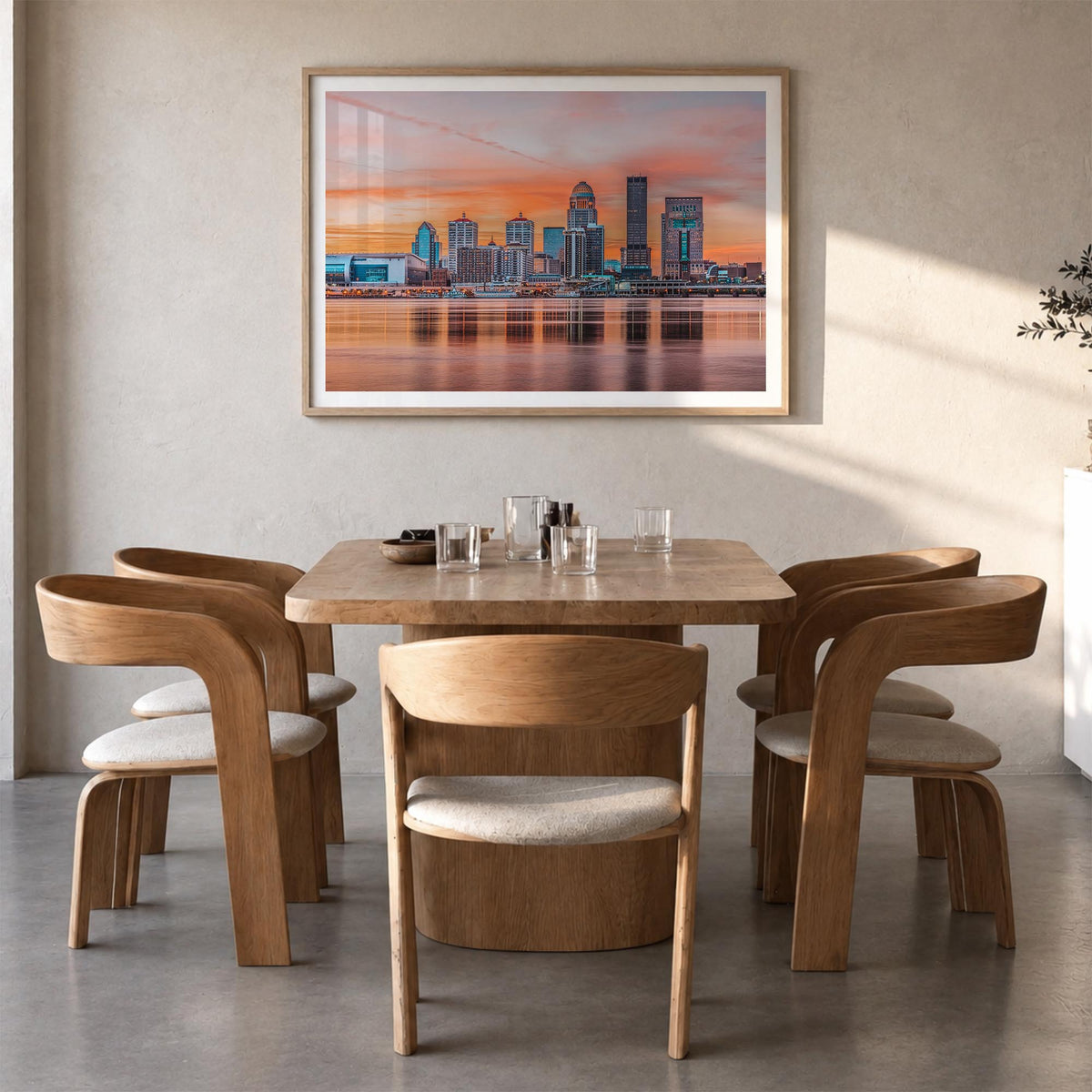 Louisville colorful photo poster of Kentucky, USA – horizontal wall art in natural wood frame with white border, hanging on w