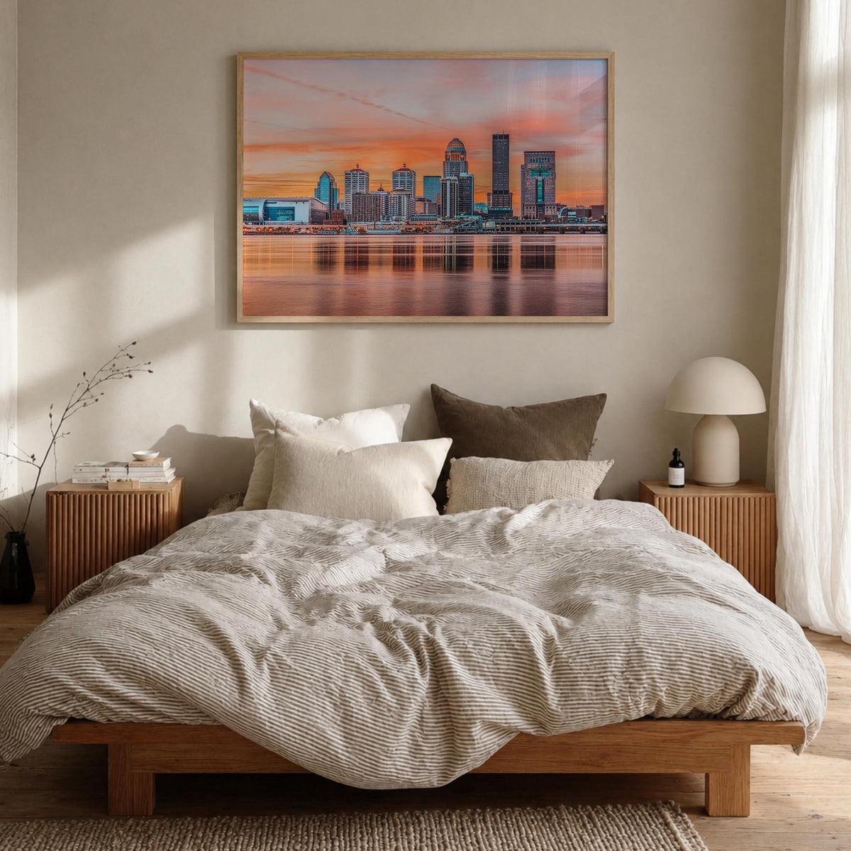 Louisville colorful photo poster of Kentucky, USA – horizontal wall art in natural wood frame, hanging on wall