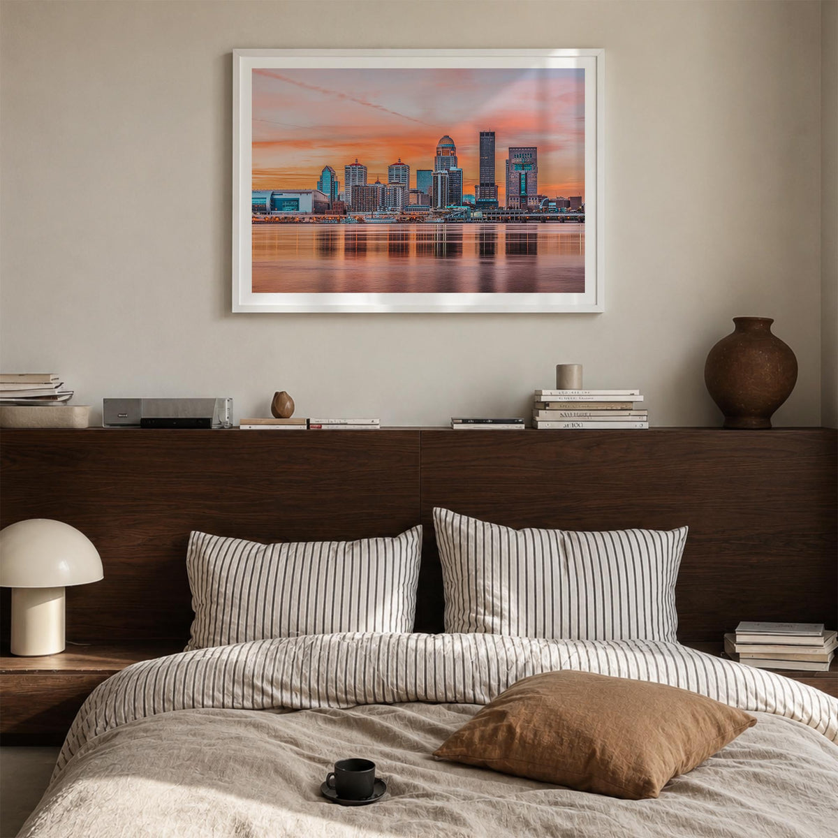 Louisville colorful photo poster of Kentucky, USA – horizontal wall art in white wood frame with white border, hanging on wal