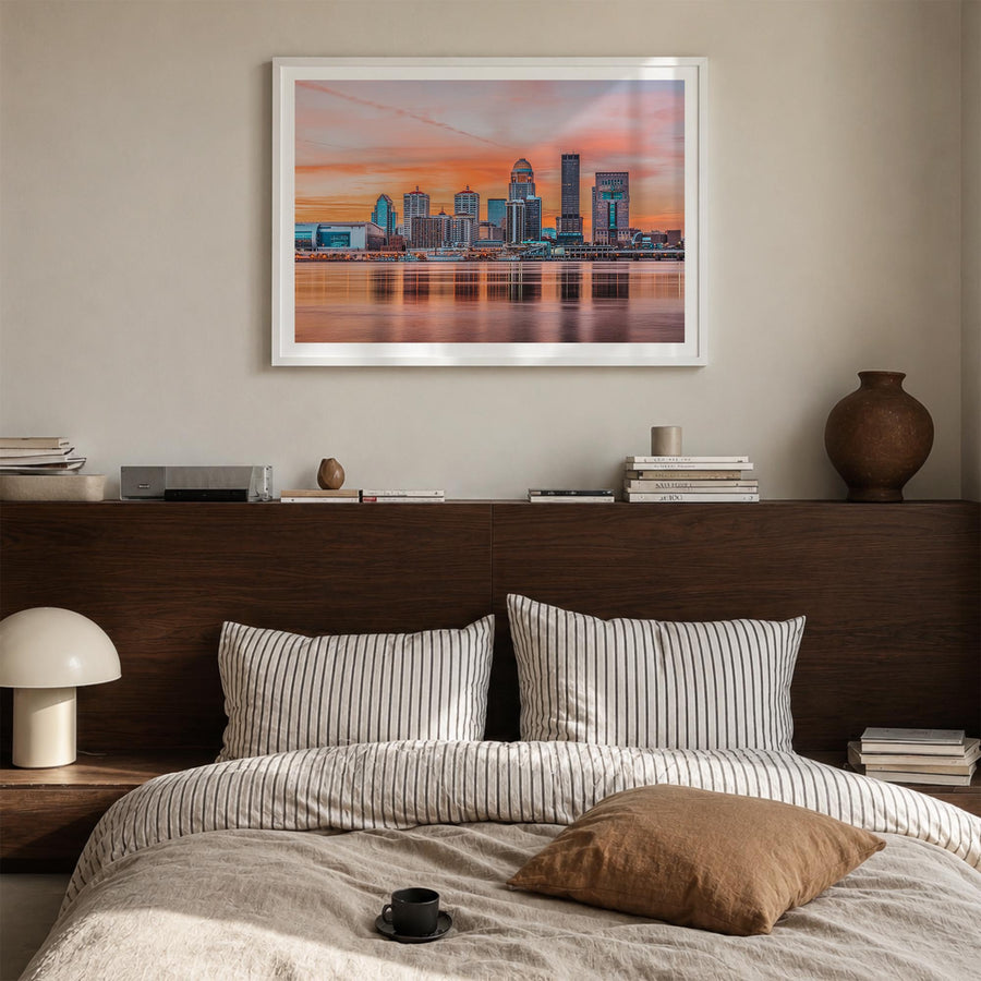 Louisville colorful photo poster of Kentucky, USA – horizontal wall art in white wood frame with white border, hanging on wal