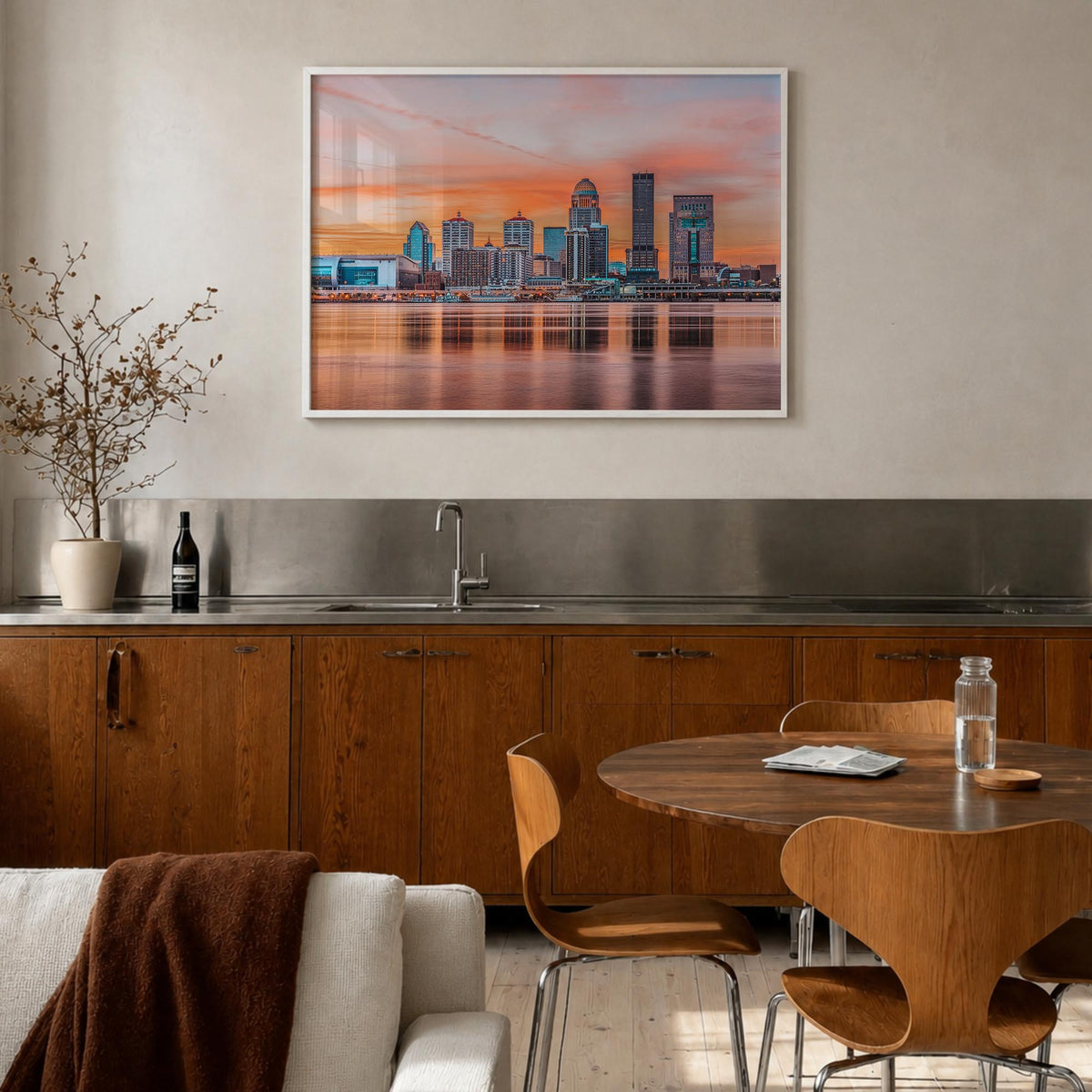 Louisville colorful photo poster of Kentucky, USA – horizontal wall art in white wood frame, hanging on wall