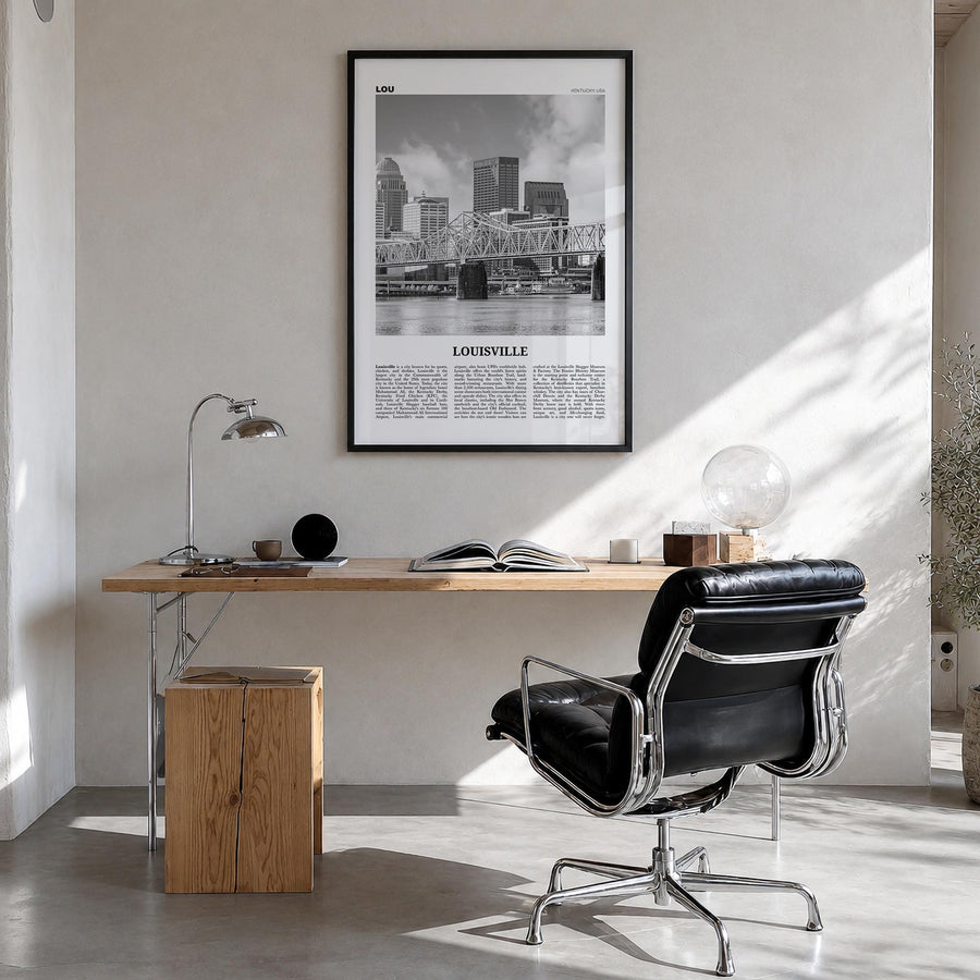 Louisville no. 1 black & white newspaper poster of Kentucky, USA – vertical wall art in black wood frame, hanging on wall