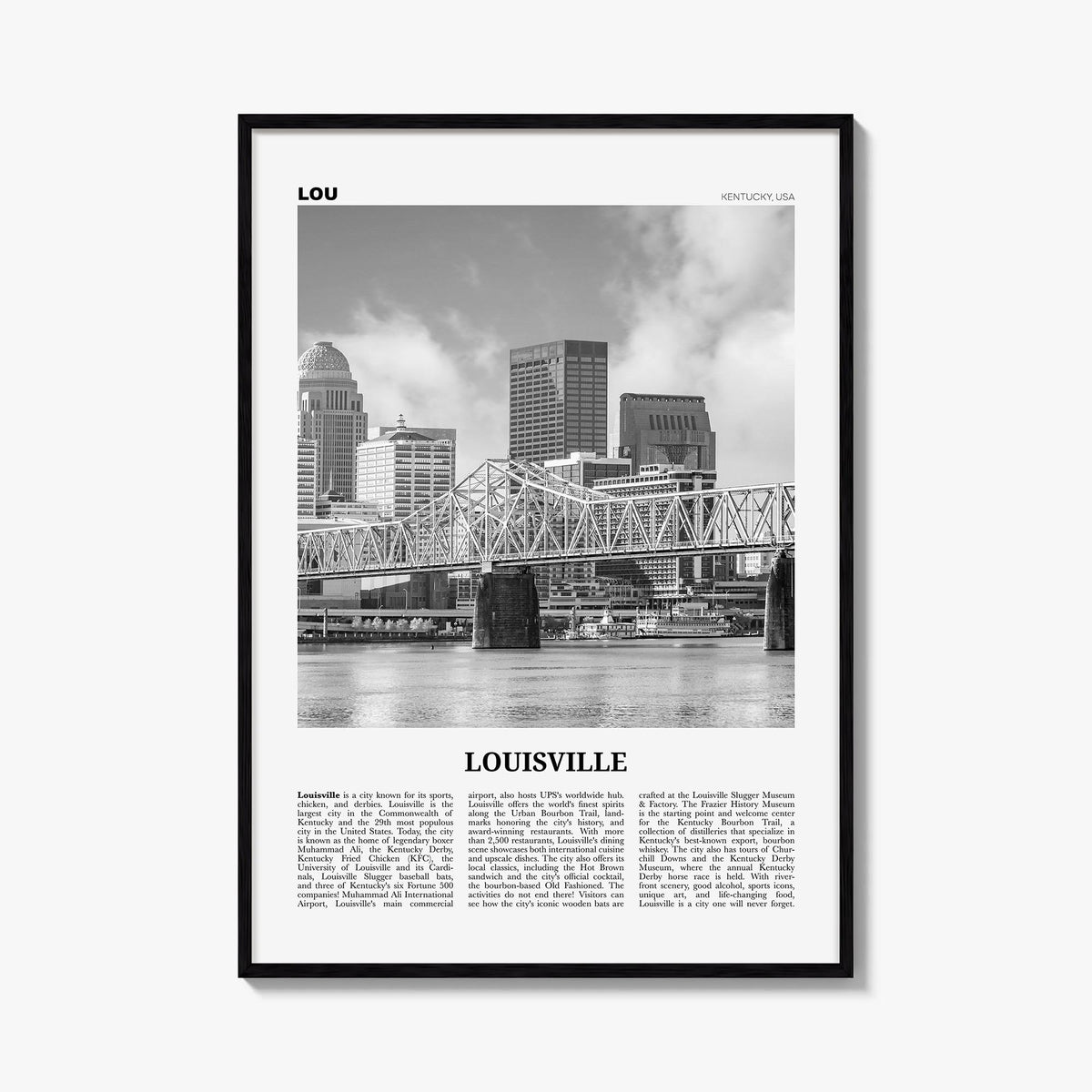 Louisville no. 1 black & white newspaper poster of Kentucky, USA – vertical wall art, unframed print shown in interior mockup