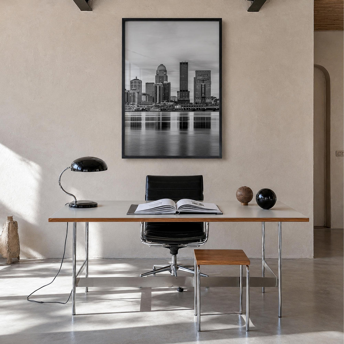 Louisville no. 1 black & white photo poster of Kentucky, USA – vertical wall art in black wood frame, hanging on wall