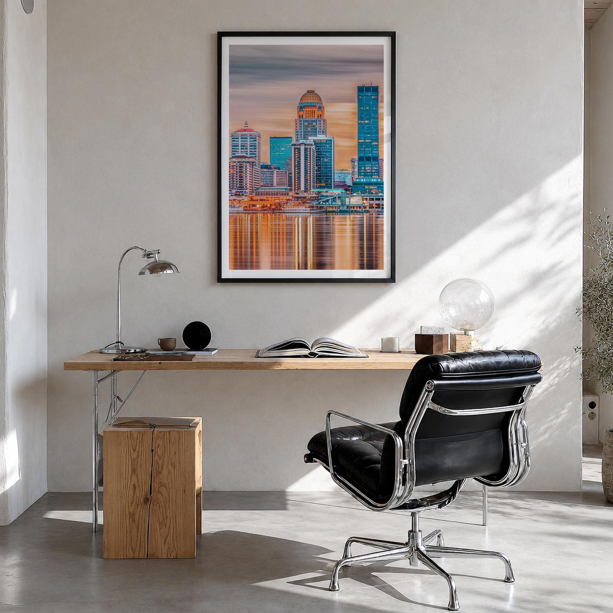 Louisville no. 1 colorful photo poster of Kentucky, USA – vertical wall art in black wood frame with white border, hanging on