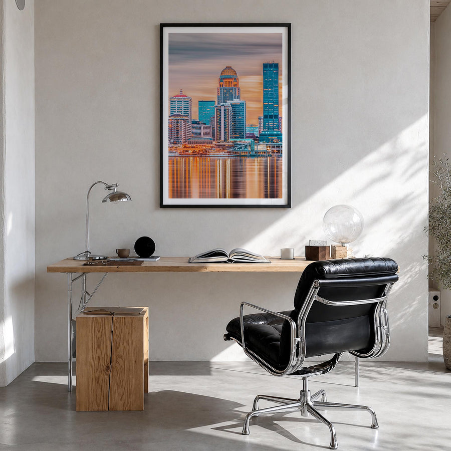 Louisville no. 1 colorful photo poster of Kentucky, USA – vertical wall art in black wood frame with white border, hanging on