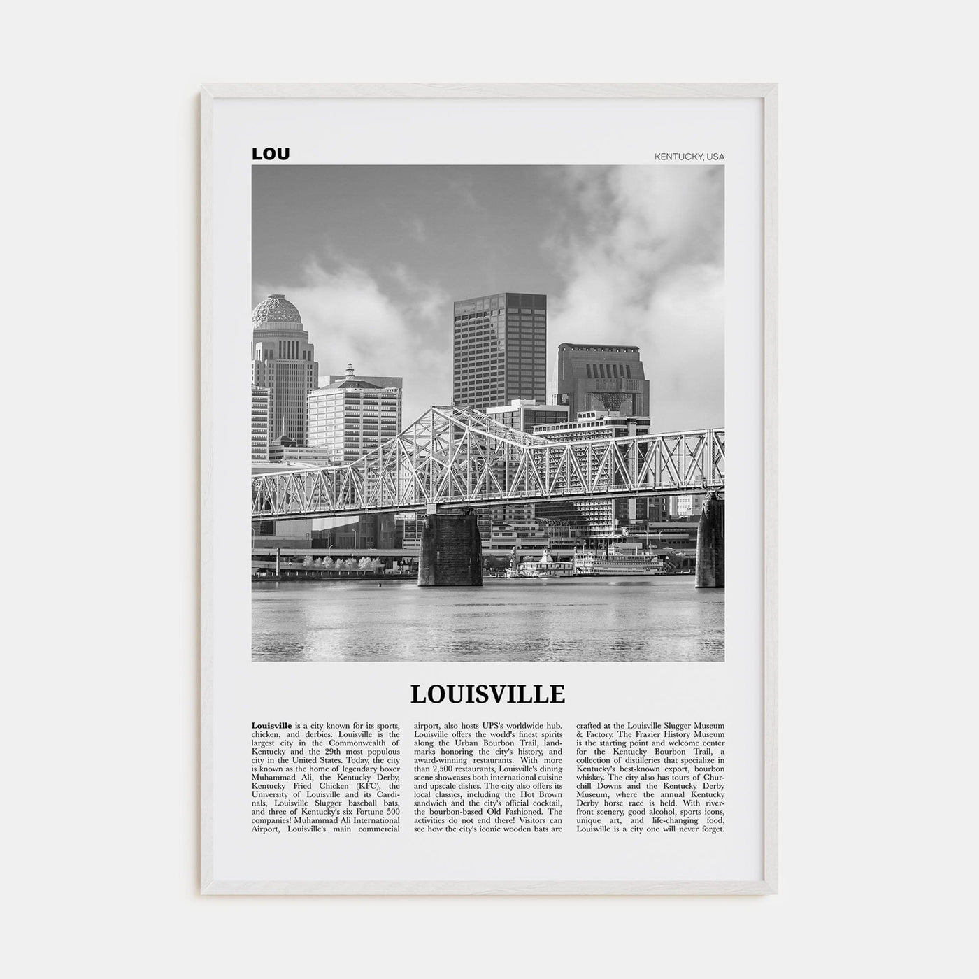 Louisville No 1 Poster White Wood / 8x12 in Nbourhood Travel B&W Poster