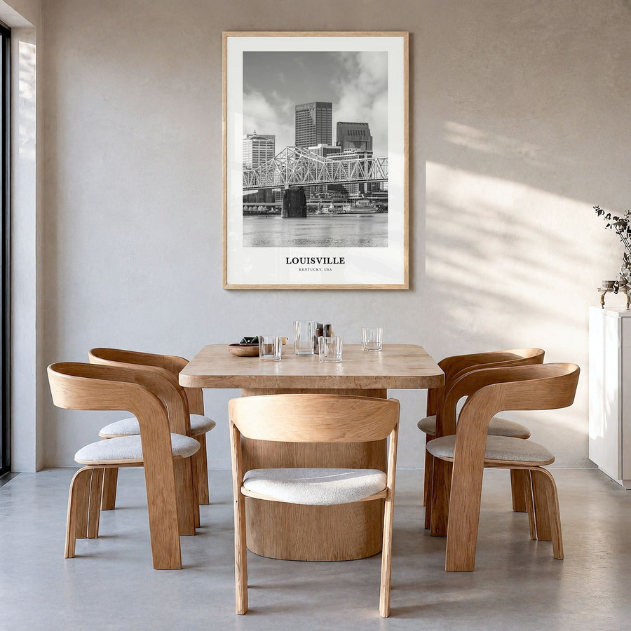 Louisville Classic No 2 Poster in a natural wood frame, hanging in a dining room