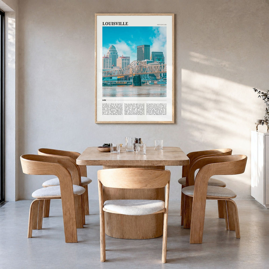 Louisville Travel Poster in a natural wood frame, hanging in a dining room