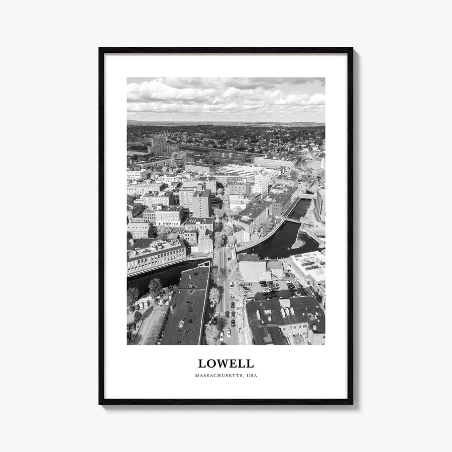 Lowell black & white classic poster of Massachusetts, USA – vertical wall art, unframed print shown in interior mockup