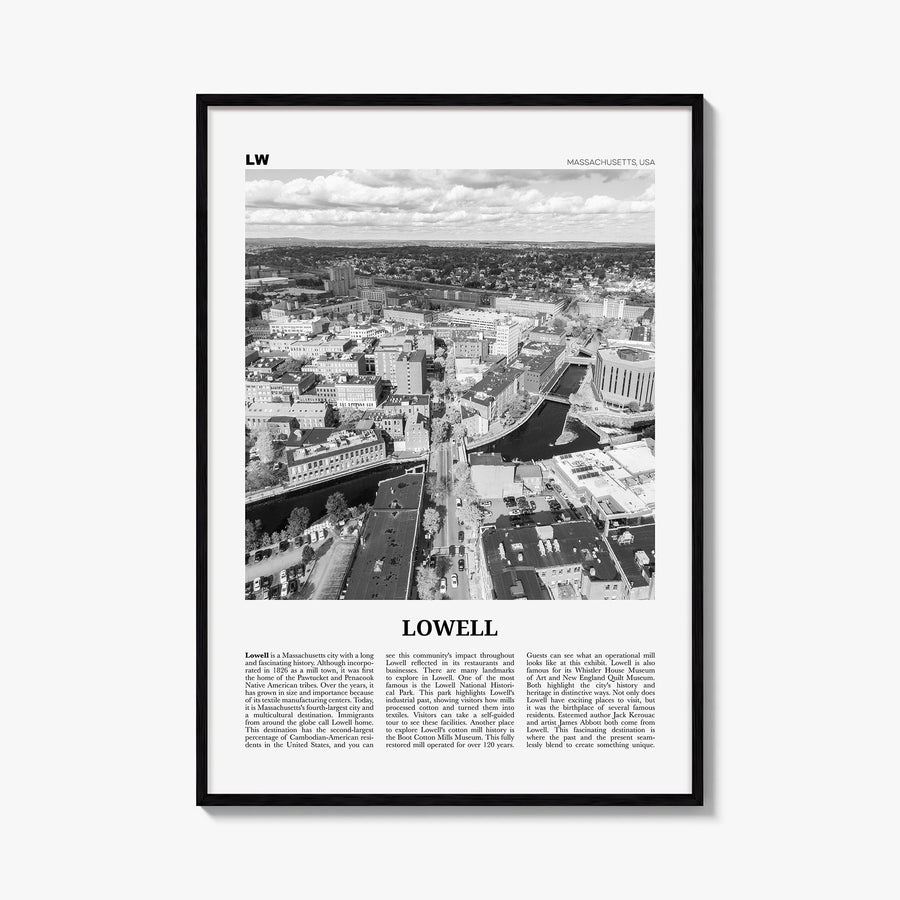 Lowell black & white newspaper poster of Massachusetts, USA – vertical wall art, unframed print shown in interior mockup