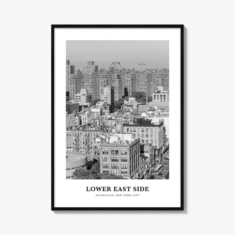Lower East Side black & white classic poster of Manhattan, New York City – vertical wall art, unframed print shown in interio