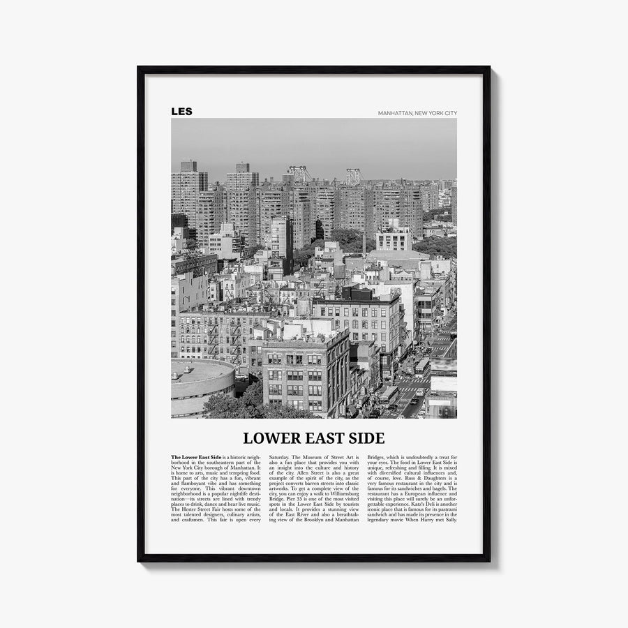 Lower East Side black & white newspaper poster of Manhattan, New York City – vertical wall art, unframed print shown in inter