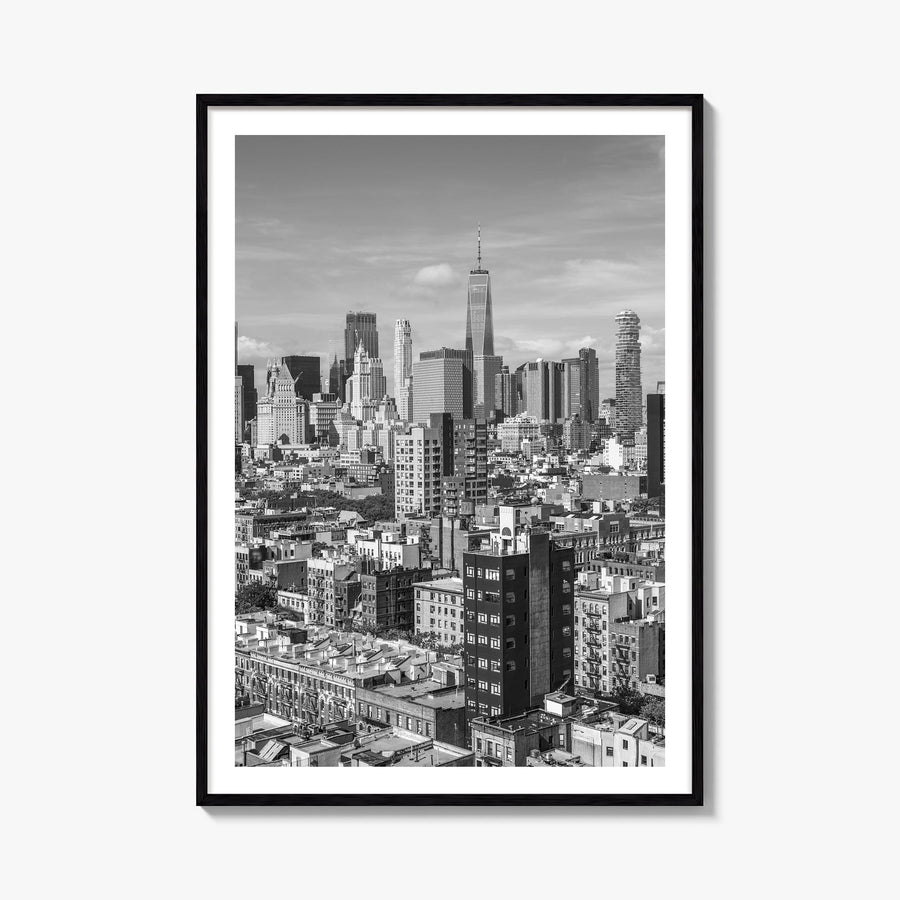 Lower East Side black & white photo poster of Manhattan, New York City – vertical wall art, unframed print shown in interior 