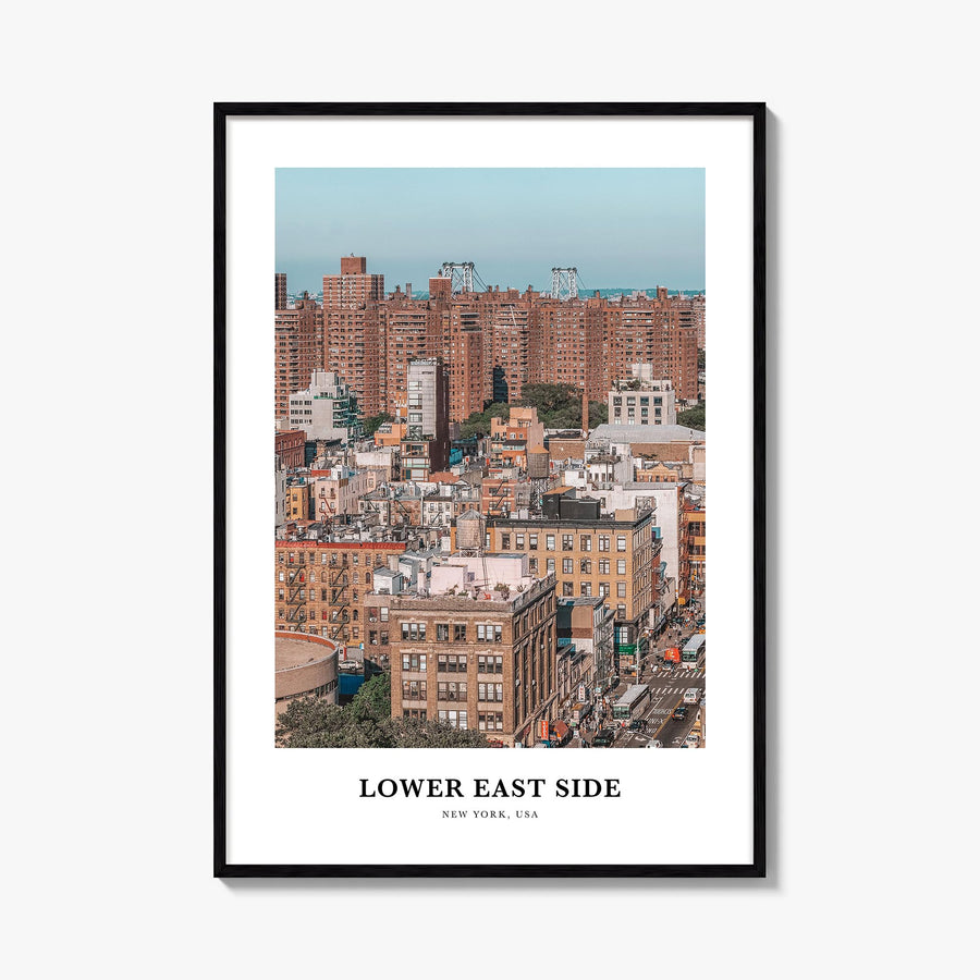 Lower East Side colorful classic poster of Manhattan, New York City – vertical wall art, unframed print shown in interior moc