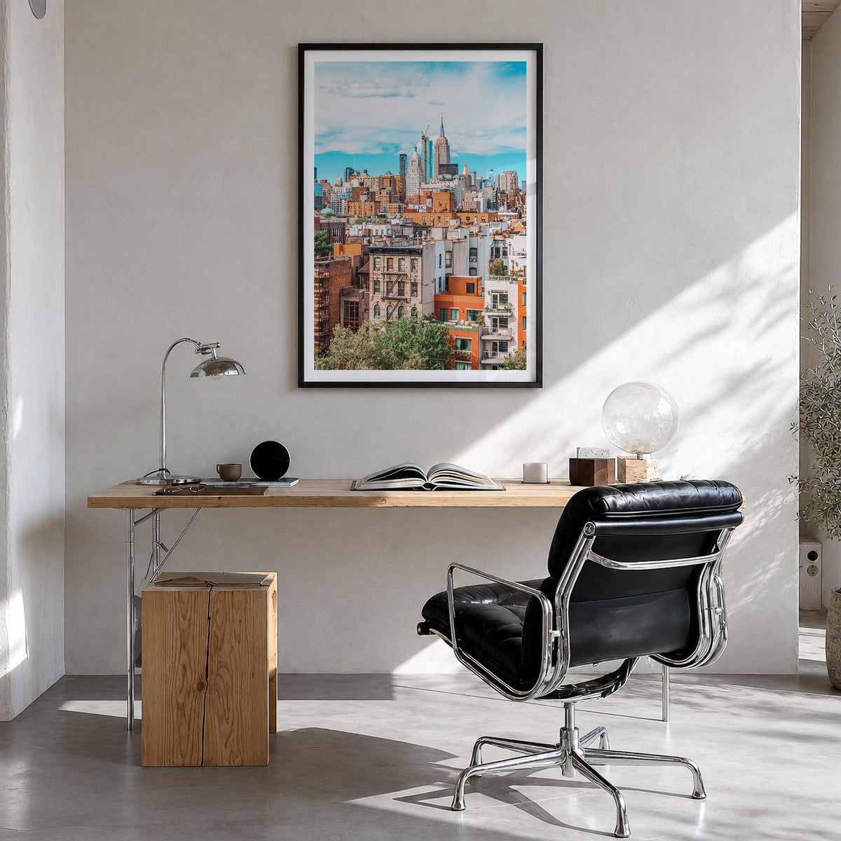 Lower East Side colorful photo poster of Manhattan, New York City – vertical wall art in black wood frame with white border, 