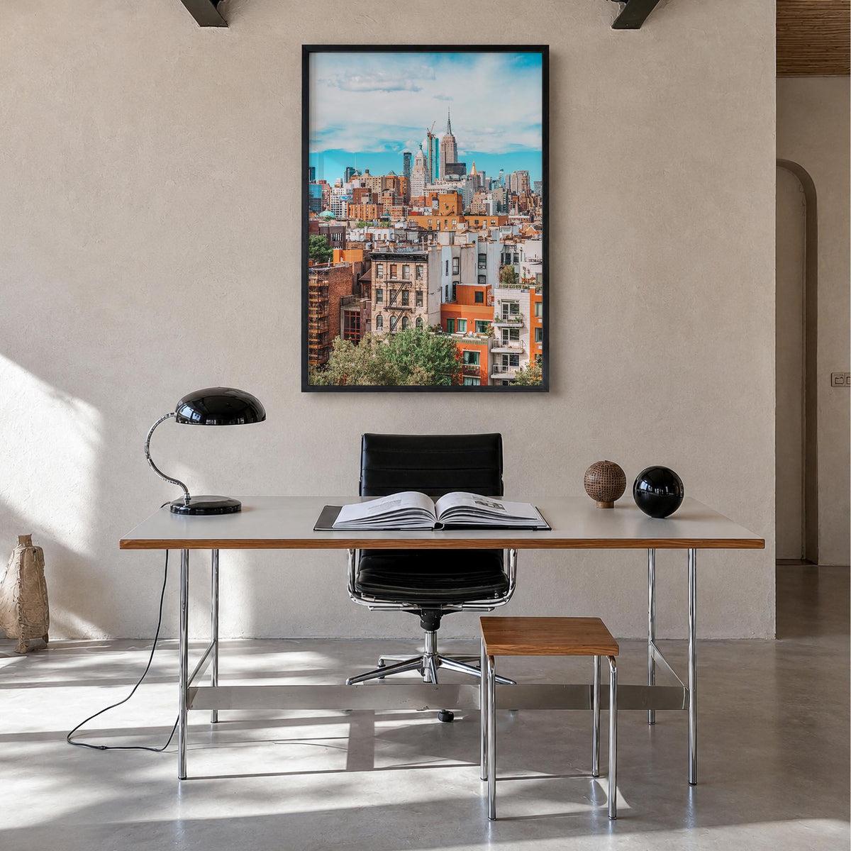Lower East Side colorful photo poster of Manhattan, New York City – vertical wall art in black wood frame, hanging on wall