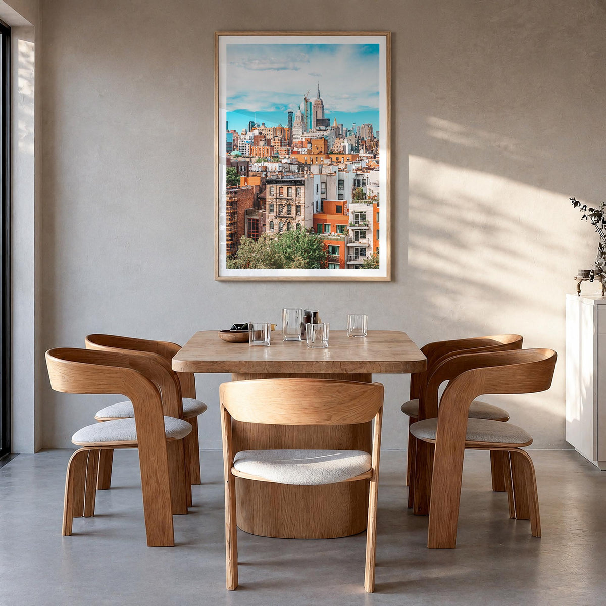 Lower East Side colorful photo poster of Manhattan, New York City – vertical wall art in natural wood frame with white border