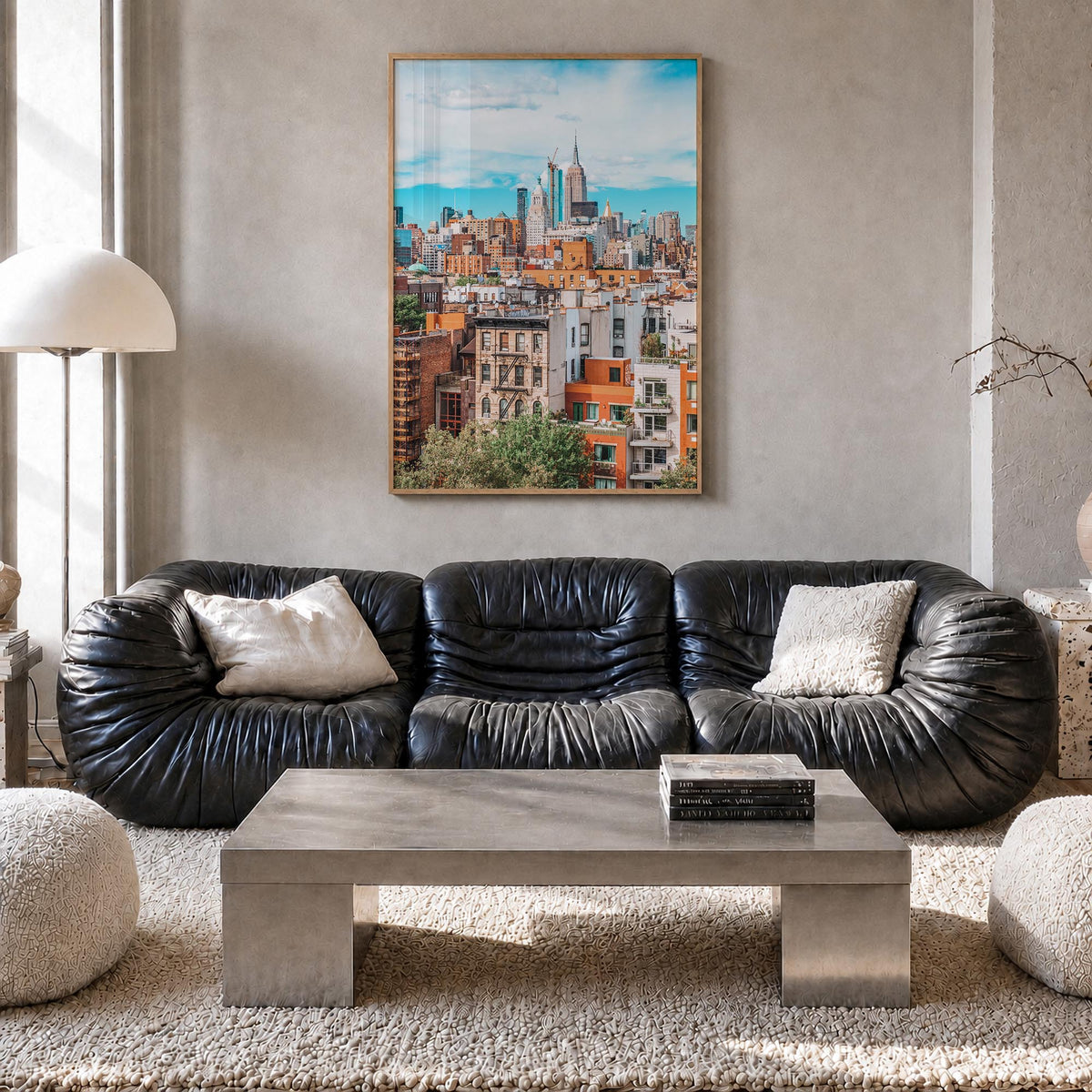Lower East Side colorful photo poster of Manhattan, New York City – vertical wall art in natural wood frame, hanging on wall
