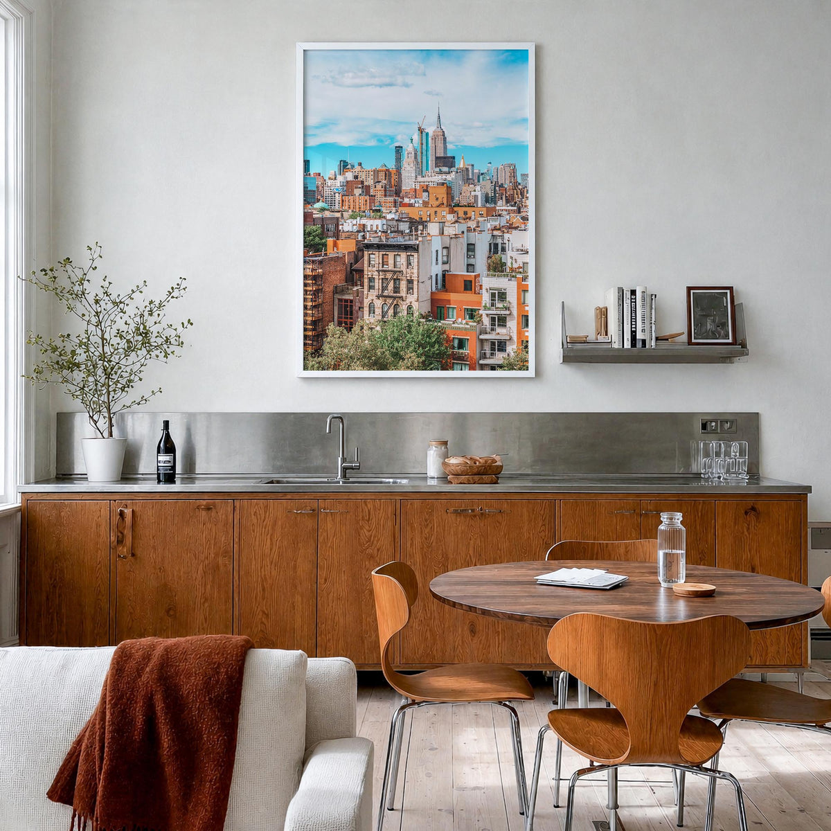 Lower East Side colorful photo poster of Manhattan, New York City – vertical wall art in white wood frame, hanging on wall