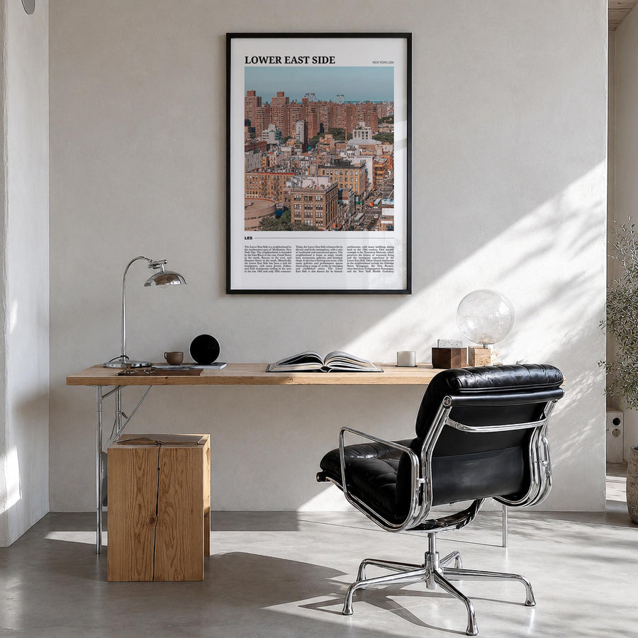 Lower East Side colorful travel poster of Manhattan, New York City – vertical wall art in black wood frame, hanging on wall