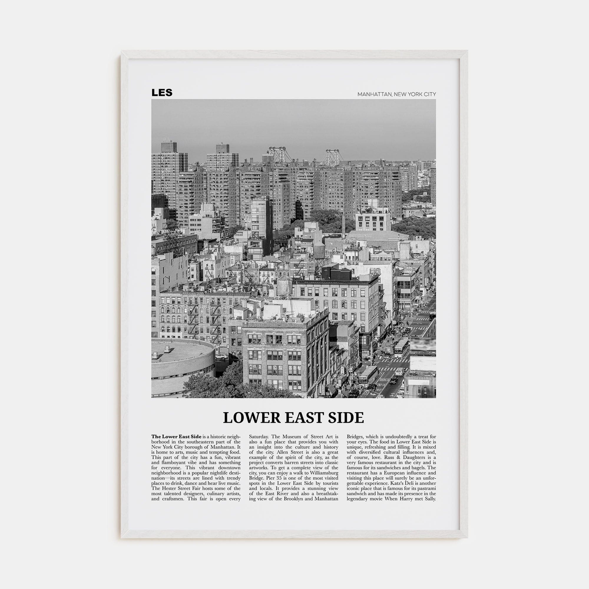 Lower East Side Poster White Wood / 8x12 in Nbourhood Travel B&W Poster