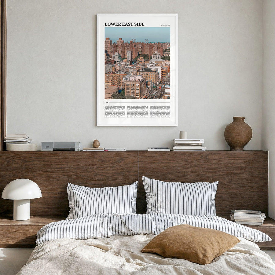 Lower East Side Travel Poster in a white wood frame, hanging in a bedroom