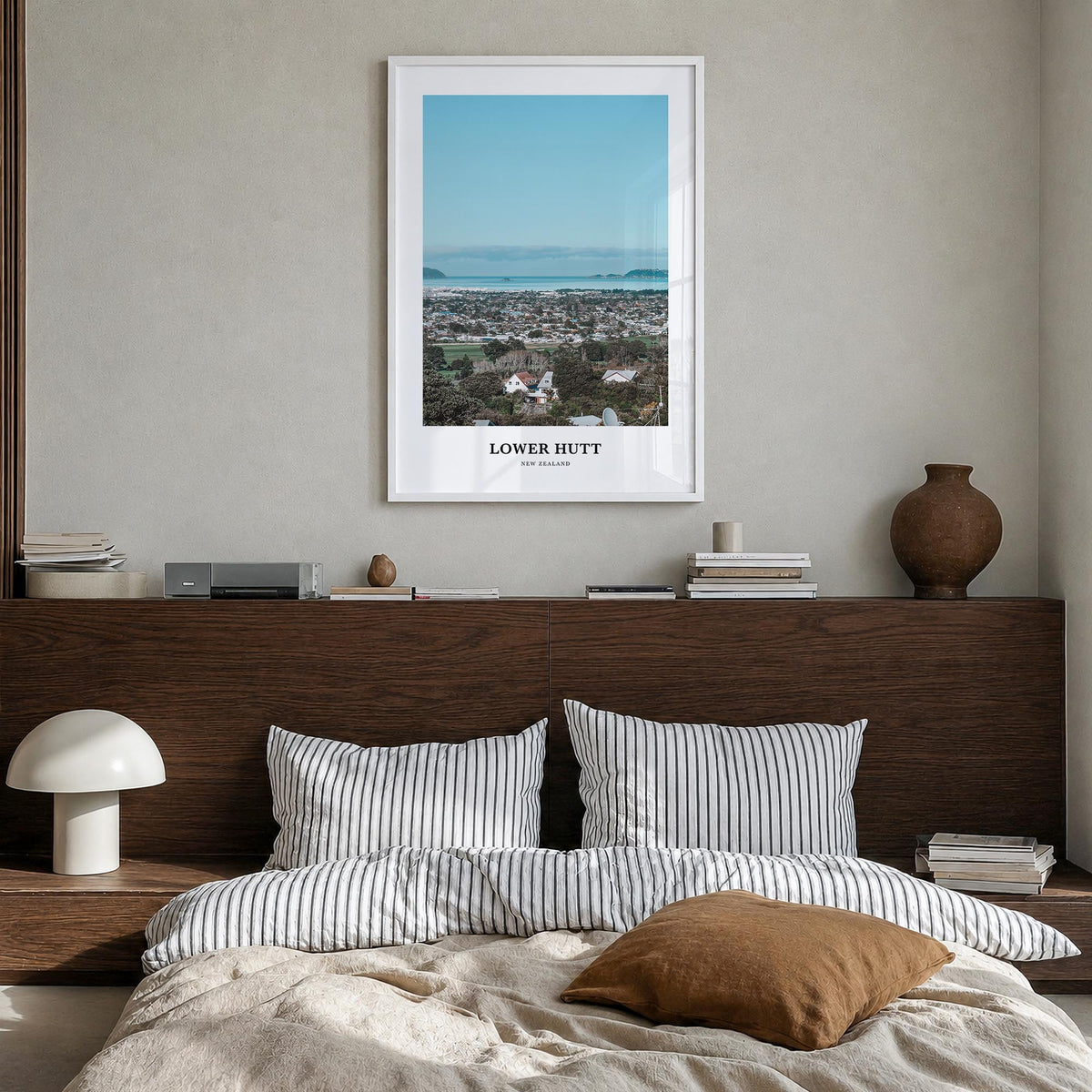 Lower Hutt colorful classic poster of New Zealand – vertical wall art in white wood frame, hanging on wall
