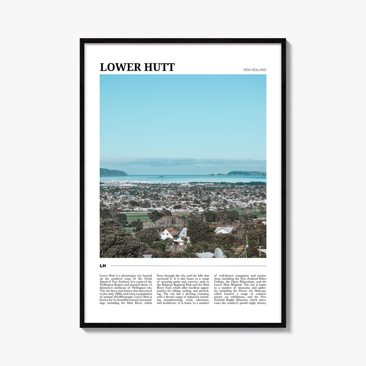 Lower Hutt colorful travel poster of New Zealand – vertical wall art, unframed print shown in interior mockup