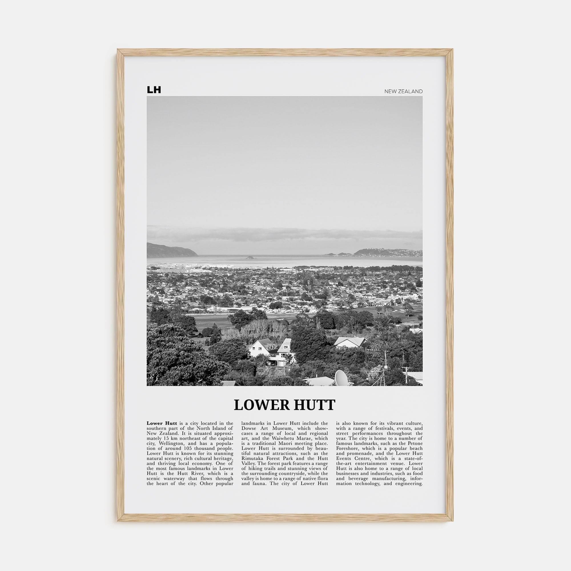 Lower Hutt Poster Natural Wood / 8x12 in Nbourhood Travel B&W Poster