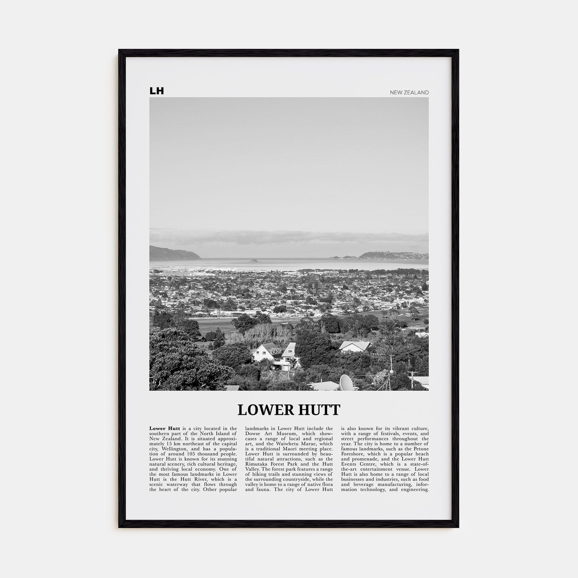 Lower Hutt Poster Black Wood / 8x12 in Nbourhood Travel B&W Poster