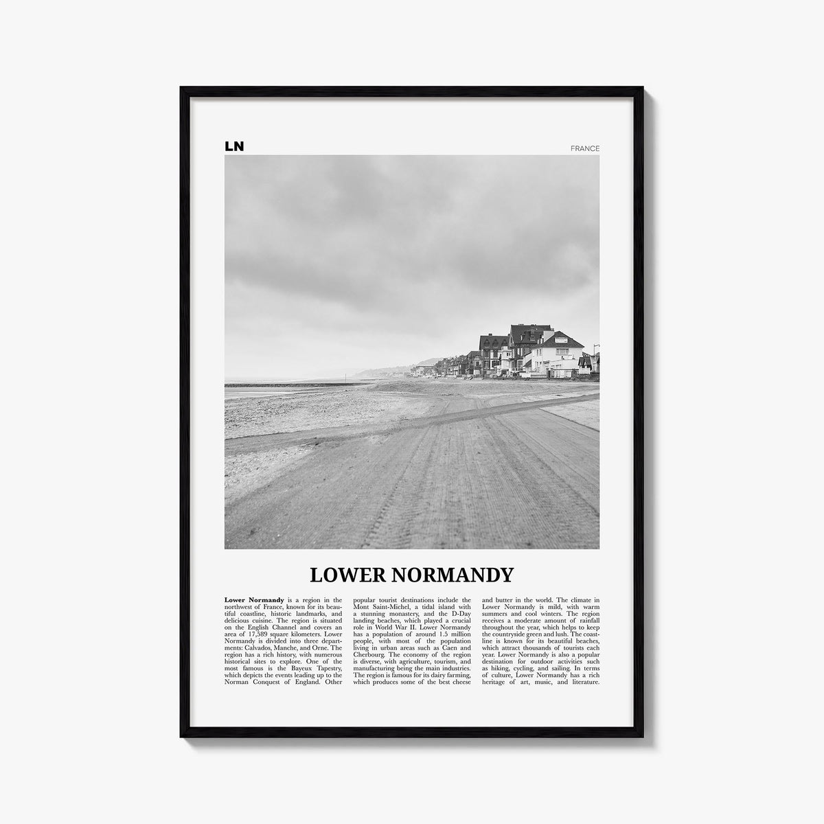 Lower Normandy no. 2 black & white newspaper poster of France – vertical wall art, unframed print shown in interior mockup