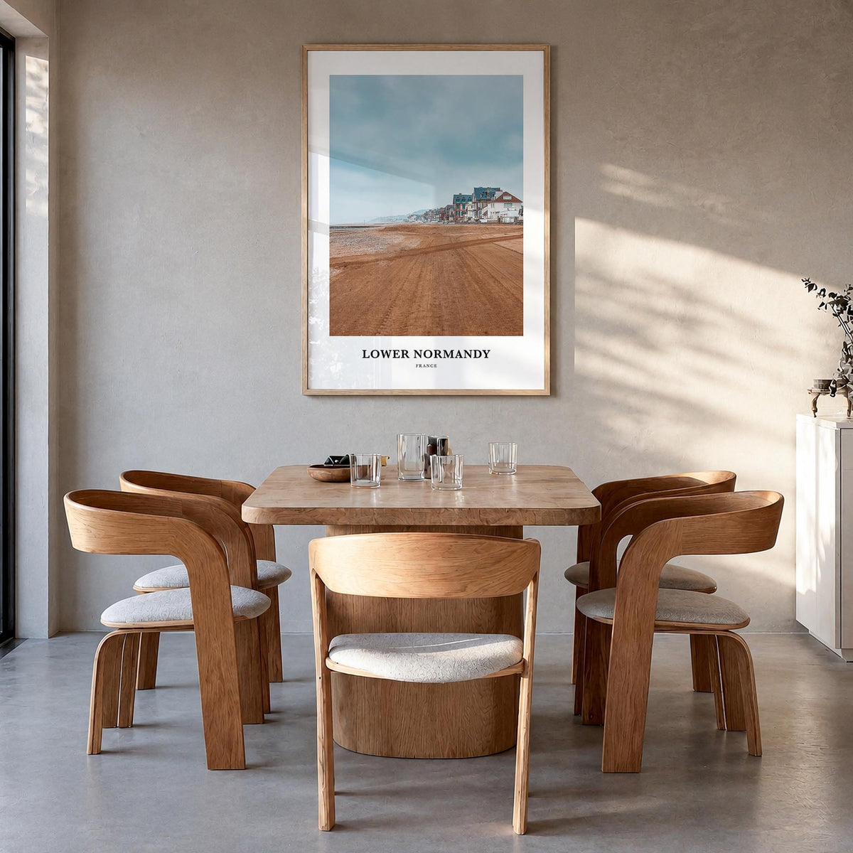 Lower Normandy colorful classic poster of France – vertical wall art in natural wood frame, hanging on wall