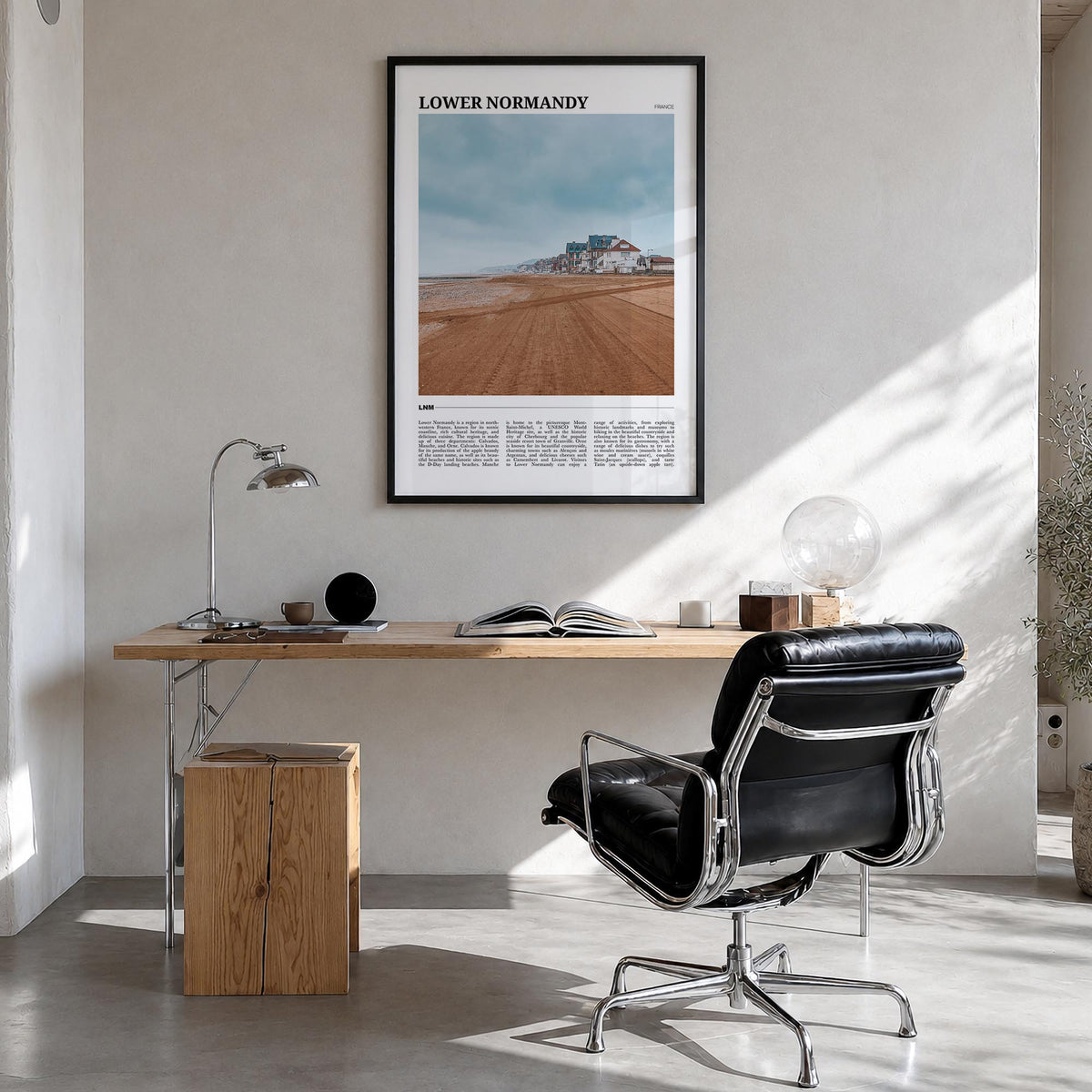 Lower Normandy colorful travel poster of France – vertical wall art in black wood frame, hanging on wall
