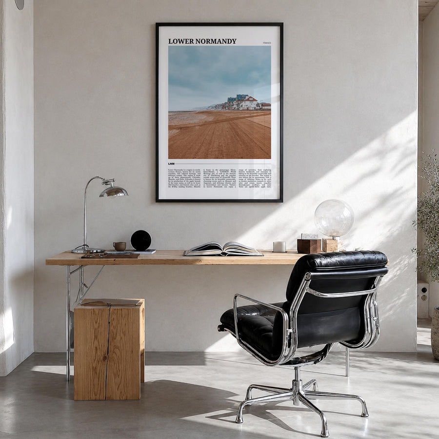 Lower Normandy colorful travel poster of France – vertical wall art in black wood frame, hanging on wall
