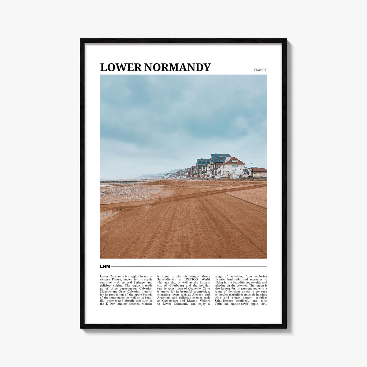 Lower Normandy colorful travel poster of France – vertical wall art, unframed print shown in interior mockup