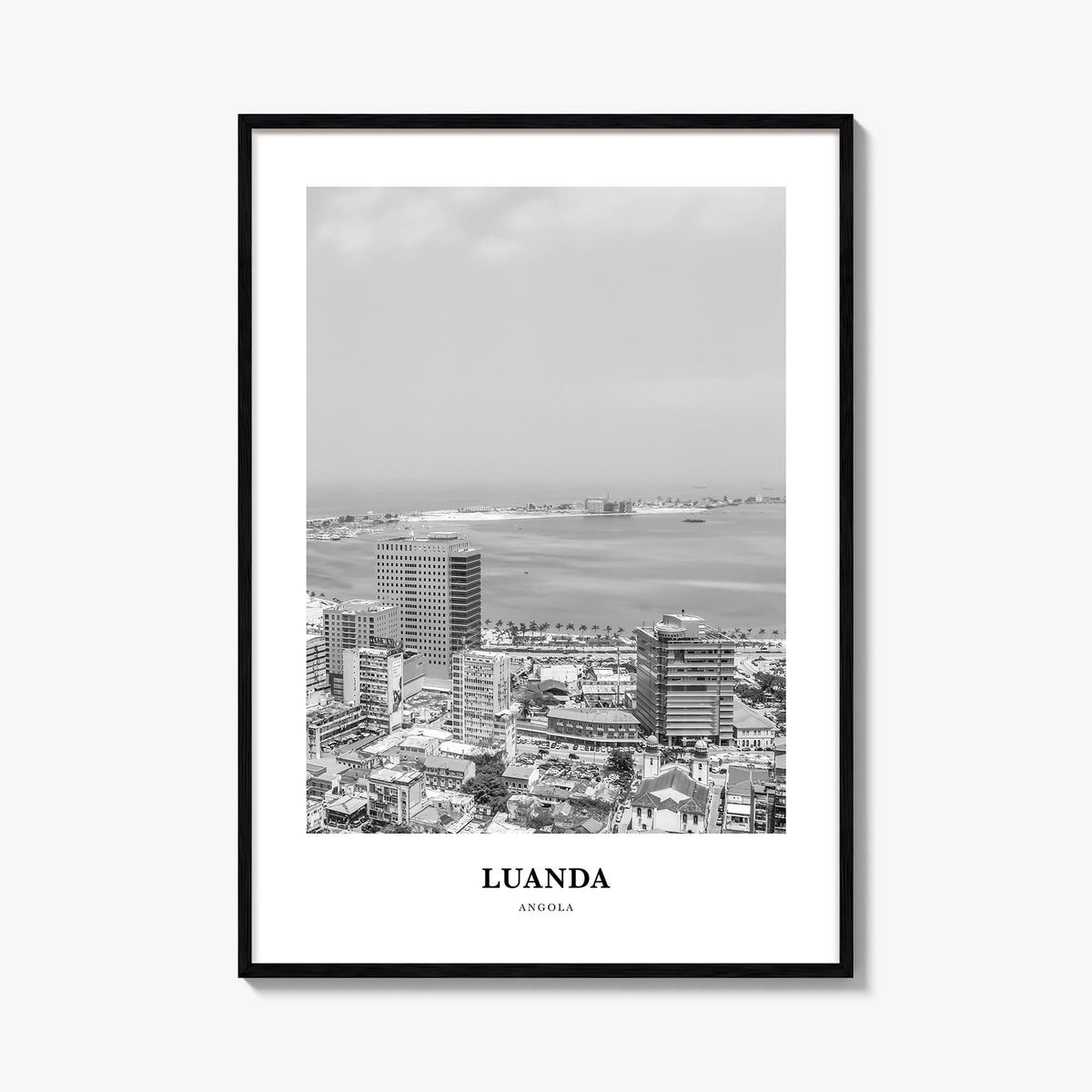 Luanda black & white classic poster of Angola – vertical wall art, unframed print shown in interior mockup