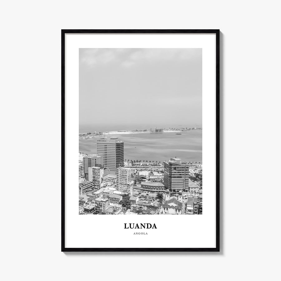 Luanda black & white classic poster of Angola – vertical wall art, unframed print shown in interior mockup