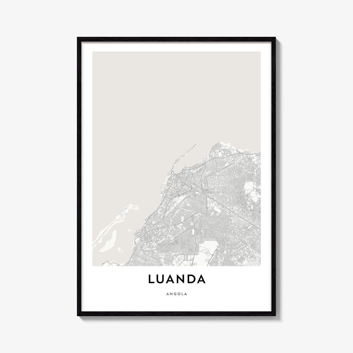 Luanda black & white map poster of Angola – vertical wall art, unframed print shown in interior mockup