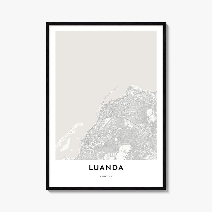 Luanda black & white map poster of Angola – vertical wall art, unframed print shown in interior mockup