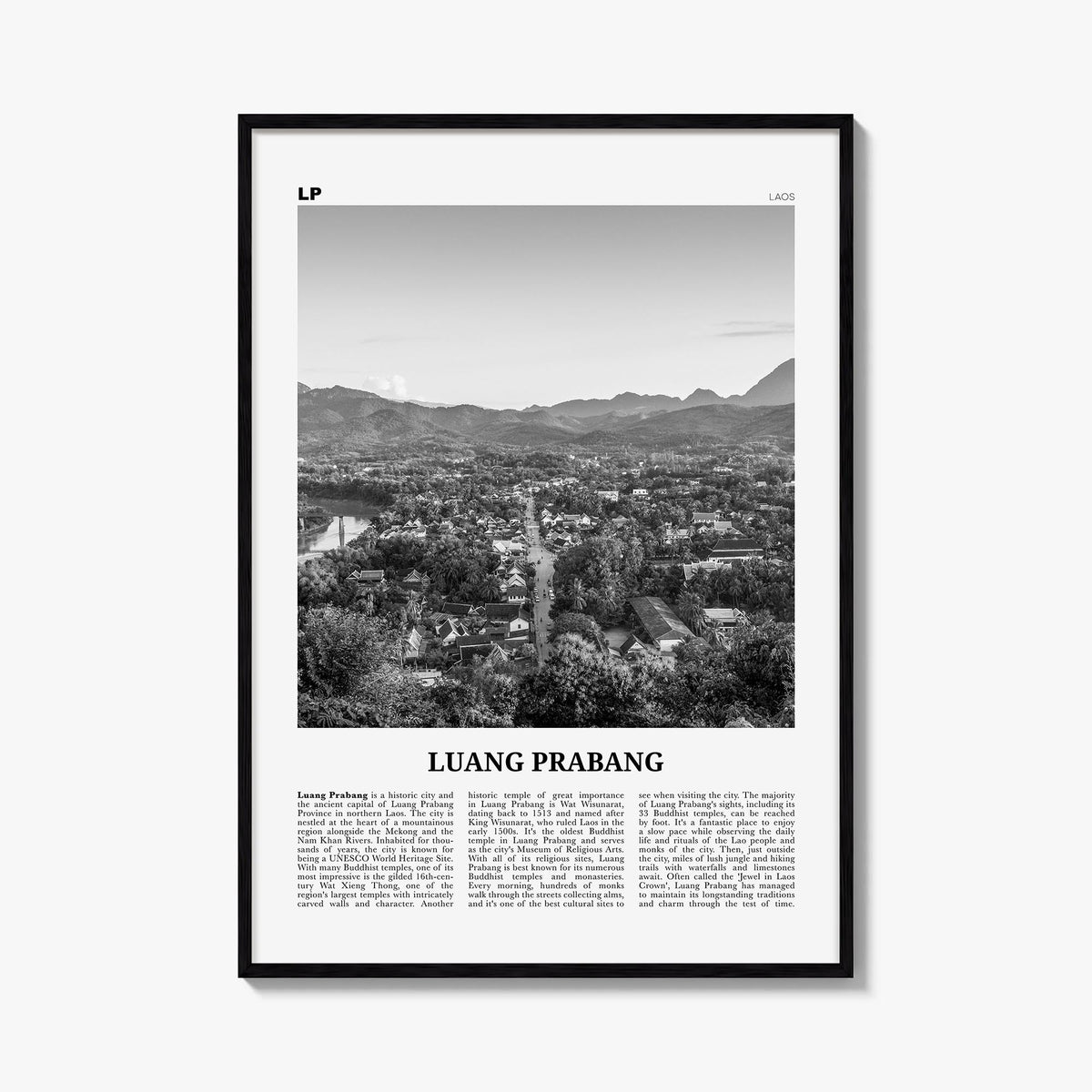 Luang Prabang black & white newspaper poster of Laos – vertical wall art, unframed print shown in interior mockup