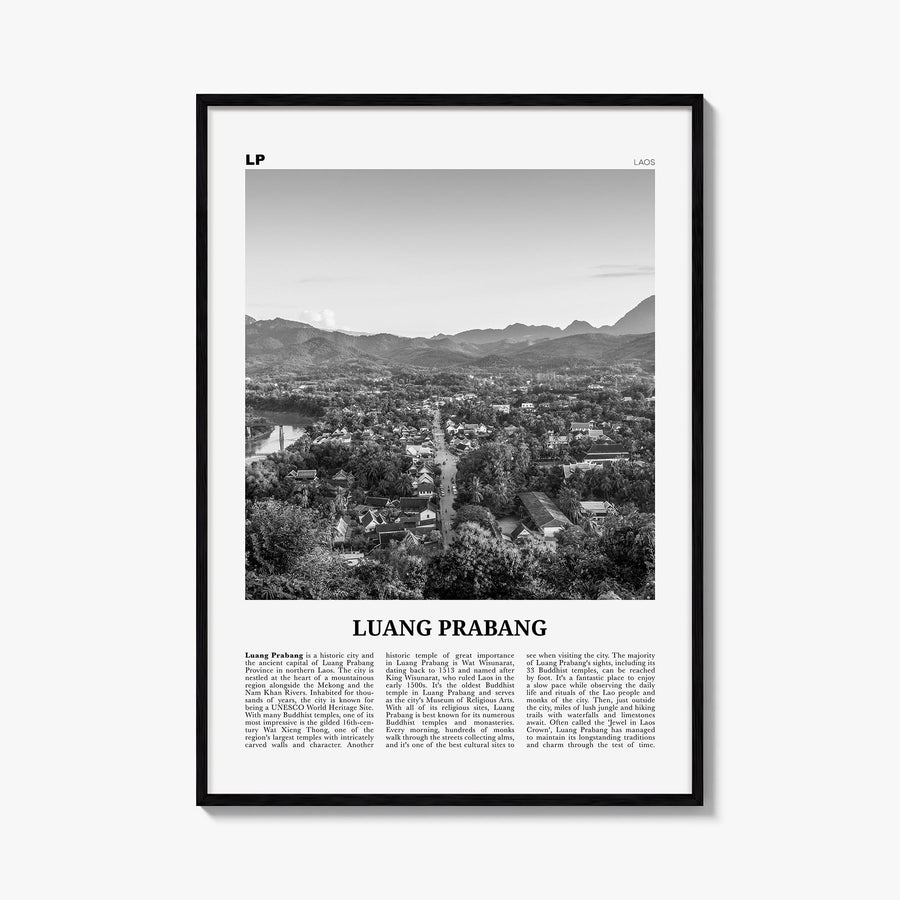 Luang Prabang black & white newspaper poster of Laos – vertical wall art, unframed print shown in interior mockup