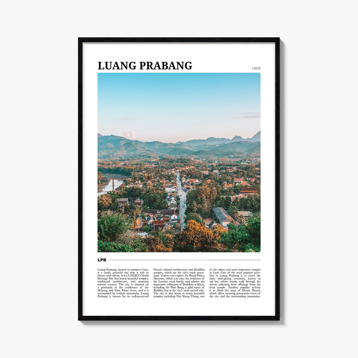 Luang Prabang colorful travel poster of Laos – vertical wall art, unframed print shown in interior mockup