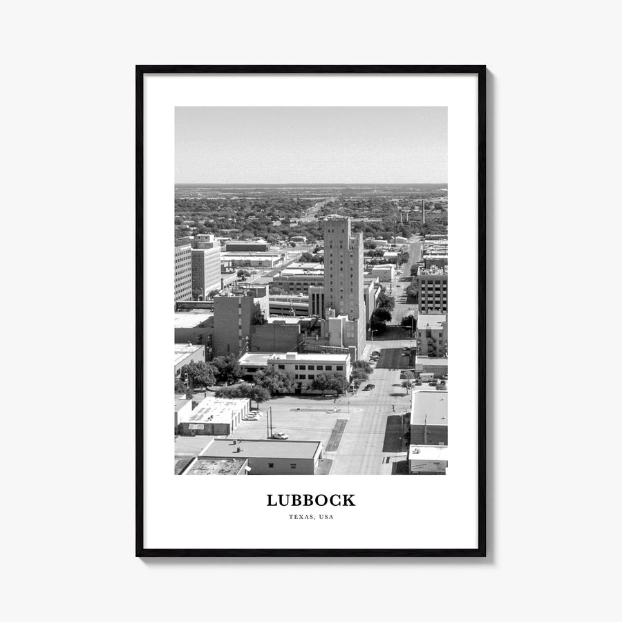 Lubbock black & white classic poster of Texas, USA – vertical wall art, unframed print shown in interior mockup