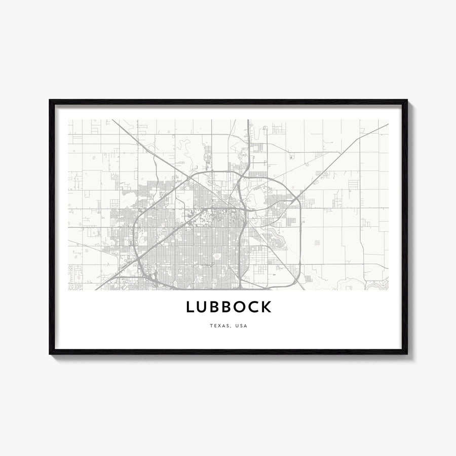 Lubbock black & white map poster of Texas, USA – horizontal wall art, unframed print shown in interior mockup