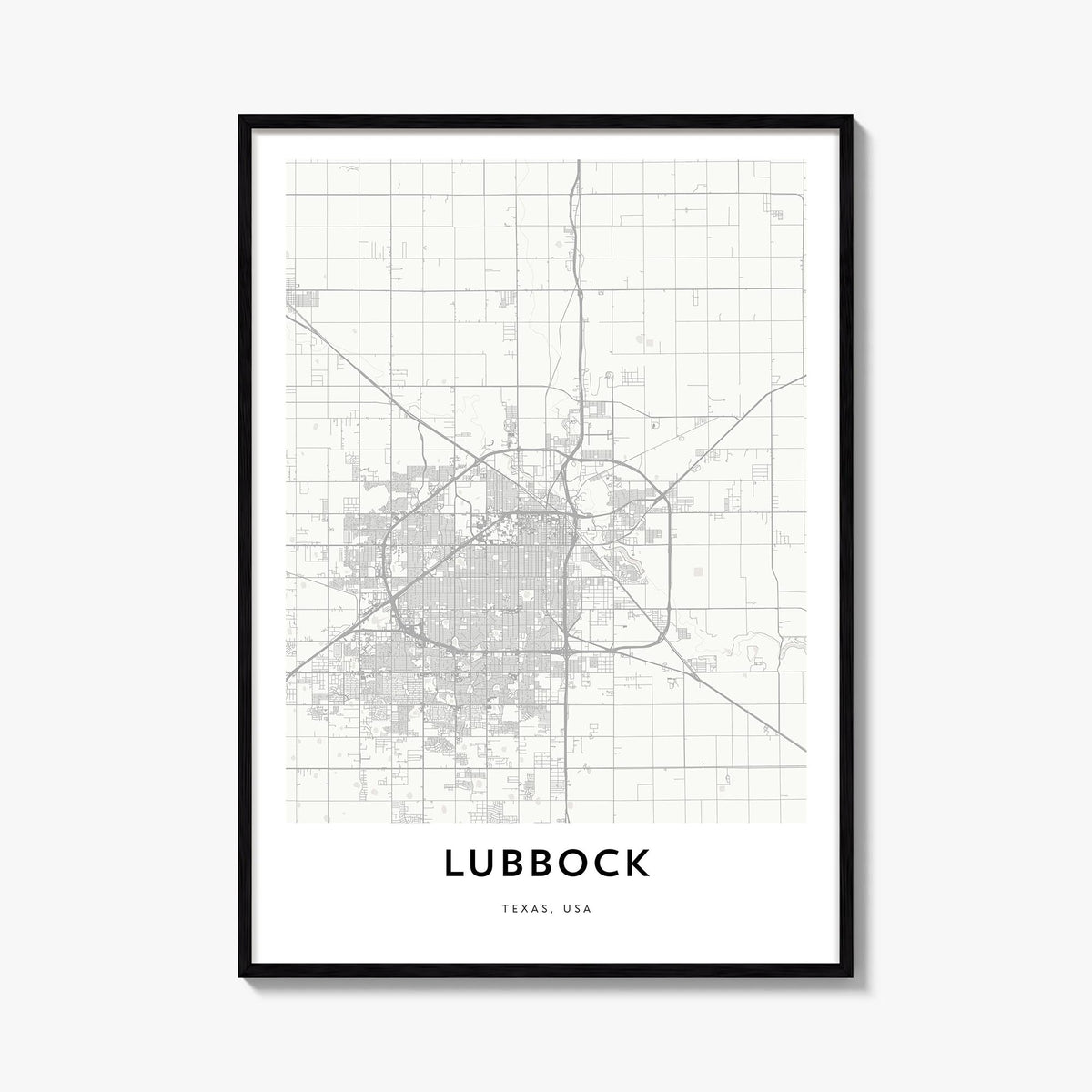 Lubbock black & white map poster of Texas, USA – vertical wall art, unframed print shown in interior mockup