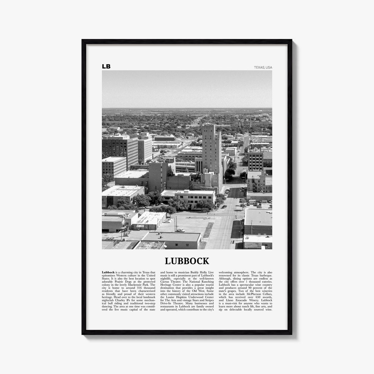 Lubbock black & white newspaper poster of Texas, USA – vertical wall art, unframed print shown in interior mockup
