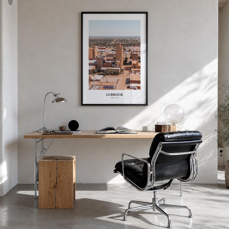 Lubbock colorful classic poster of Texas, USA – vertical wall art in black wood frame, hanging on wall